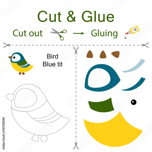 Cut and glue is the paper game for the development of preschool children. Cut parts of the image and glue on the paper. Bird blue tit. Vector illustration in flat style