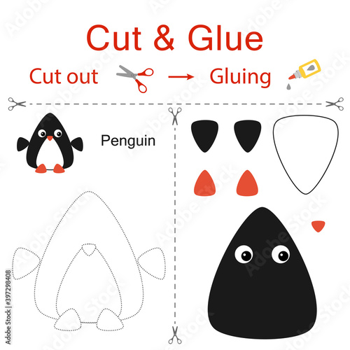 Cut and glue is the paper game for the development of preschool children. Cut parts of the image and glue on the paper. Penguin. Vector illustration in flat style