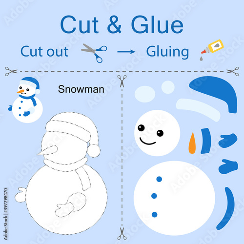 Cut and glue is the paper game for the development of preschool children. Cut parts of the image and glue on the paper. The snowman. Vector illustration in flat style