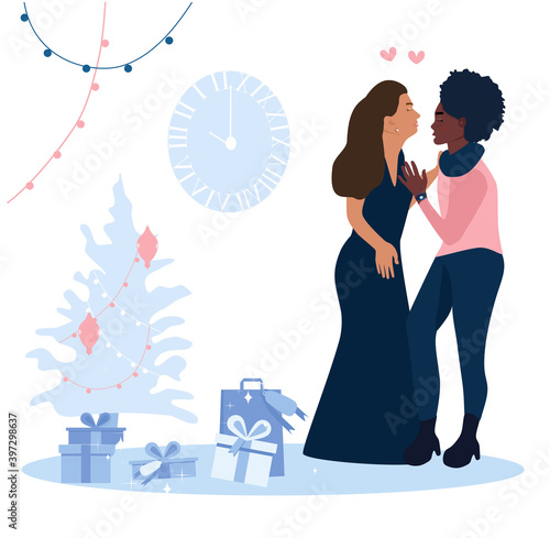 Two girls are hugging and celebrating New year. Interracial lesbian couple. Homosexual family.Christmas tree with garland and gift boxes in blue color flat style.Postcard with winter holidays.