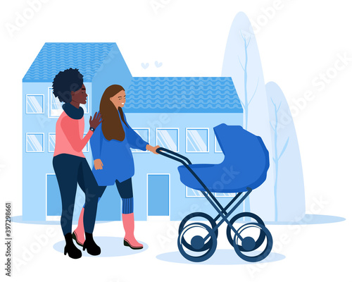 Young women with stroller.Parents are walking with infant baby in city.Pram on urban background.Flat vector illustration.Newborn Kid.Spending time together.Interracial lesbian couple.Real estate.