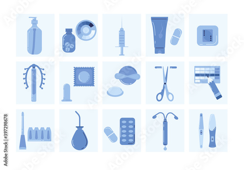 Contraception different methods icon set in flat style.Pregnancy and birth control instruments,tools.Geometric collection for baby planning,safe sex.Venereal disease prevention.Vector.Blue