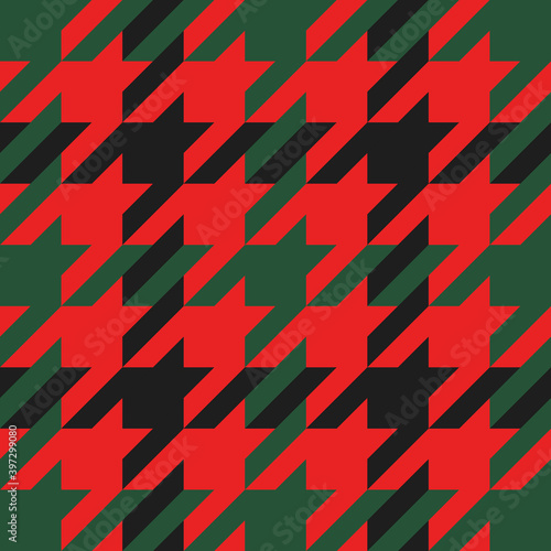 Goose foot. Christmas Pattern of crow's feet in red and black cage. Glen plaid. Houndstooth tartan tweed. Dogs tooth. Scottish checkered background. Seamless fabric texture. Vector illustration
