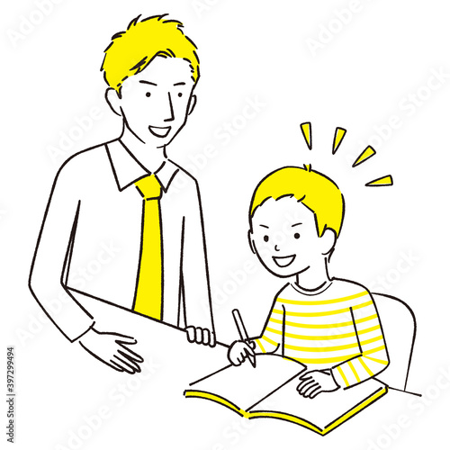 手描き1color  勉強を見てもらう男の子　男性教師