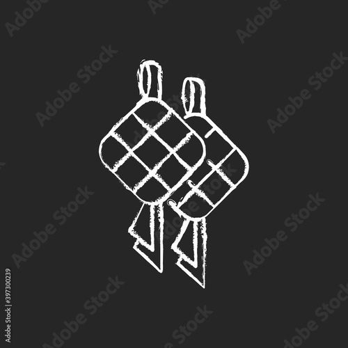 Ketupat chalk white icon on black background. Rice cake packed inside diamond-shaped container of woven palm leaf pouch. Traditional religious foods. Isolated vector chalkboard illustration