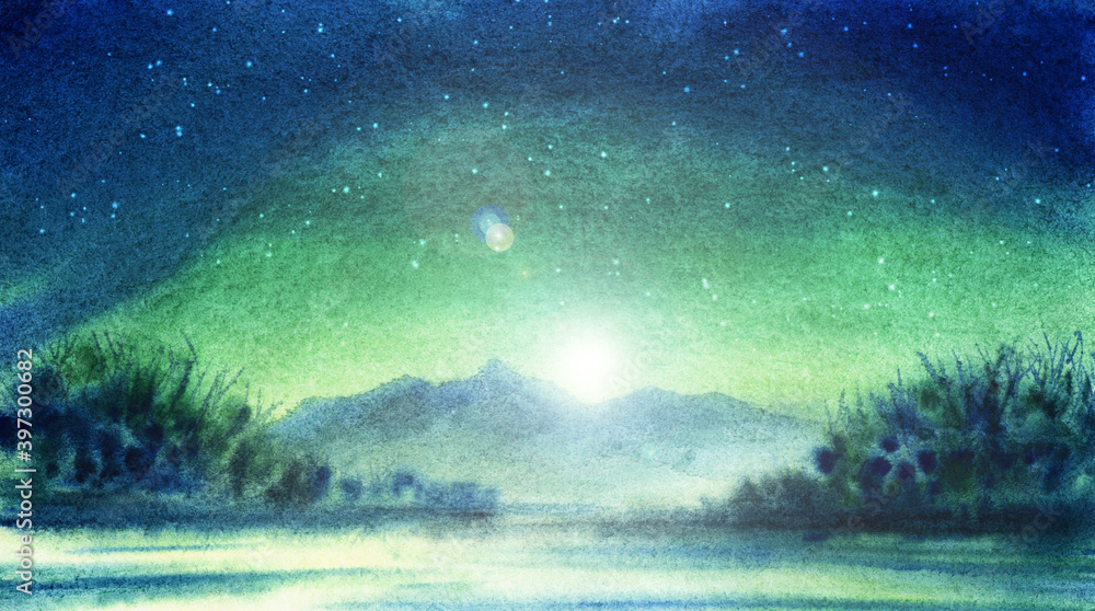 Fototapeta premium Watercolor landscape of shining sun rising over mountains and dispelling starry night. Incredible sky of green color transforming to blue and reflected in calm lake with lush vegetation on its banks