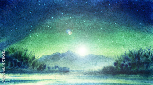Watercolor landscape of shining sun rising over mountains and dispelling starry night. Incredible sky of green color transforming to blue and reflected in calm lake with lush vegetation on its banks