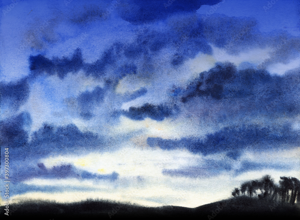Fototapeta premium Abstract watercolor landscape. Amazing evening blue sky with tremendous cumulus clouds flying above blurry hilly land with dark vague silhouettes of trees. Hand drawn illustration of majestic heaven
