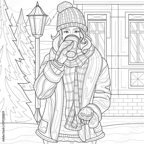 Girl drinking coffee in the park in winter.Coloring book antistress for children and adults. Zen-tangle style.Black and white drawing
