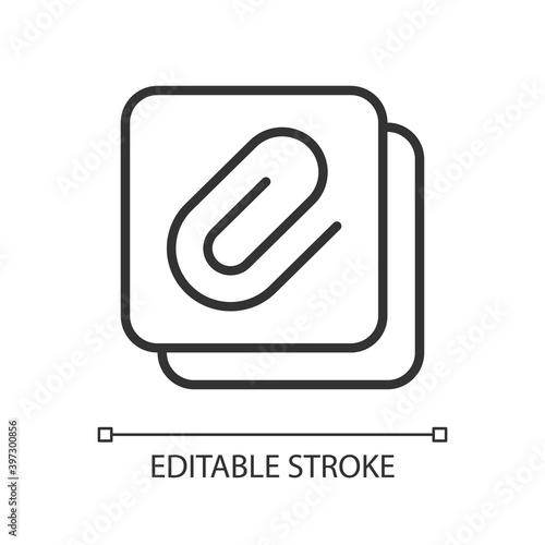 Enclosure pixel perfect linear icon. Attachment of different personal data files. Thin line customizable illustration. Contour symbol. Vector isolated outline drawing. Editable stroke