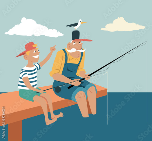 Elderly man fishing with his grandson, a seagull landed on his hat, EPS 8 vector illustration