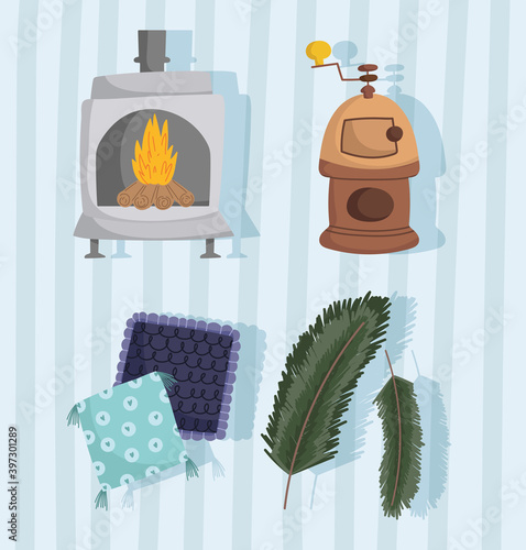 winter icons set wood stove fireplace cushions and branches striped background