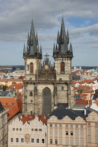 overview of the tyn church in the city center of prague 