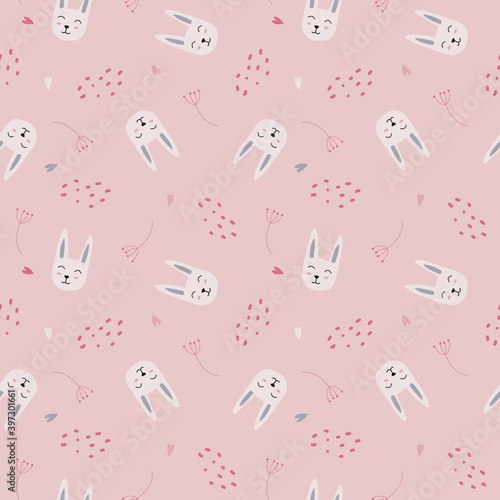 Vector seamless repeating childish pattern with cute rabbits and hearts on a pink background. Design for a children's room, printing postcards, on fabrics, children's clothes, bedding