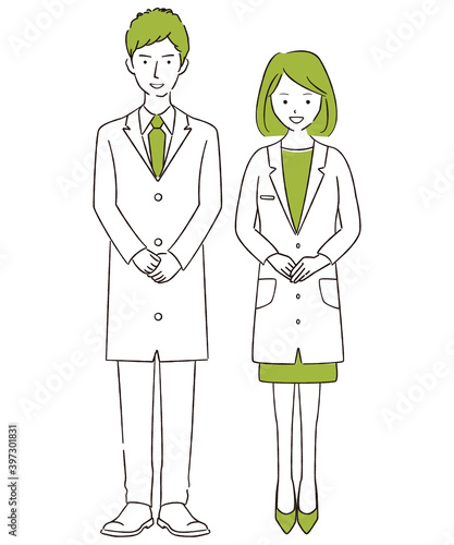 手描き1color　男女ペア　白衣　新人お出迎え