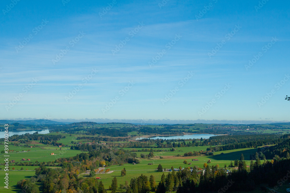 aerial view of meadows with lakes in Bavaria. Fussen.