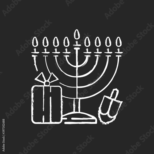 Nine-branched menorah chalk white icon on black background. Judaism symbol. Hanukkah celebration. Candelabrum with 9 stands. Candle-lighting time. Isolated vector chalkboard illustration