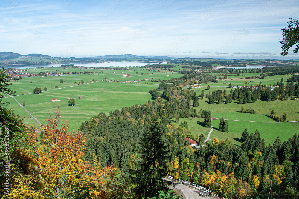 aerial view of meadows with lakes in Bavaria. Fussen.