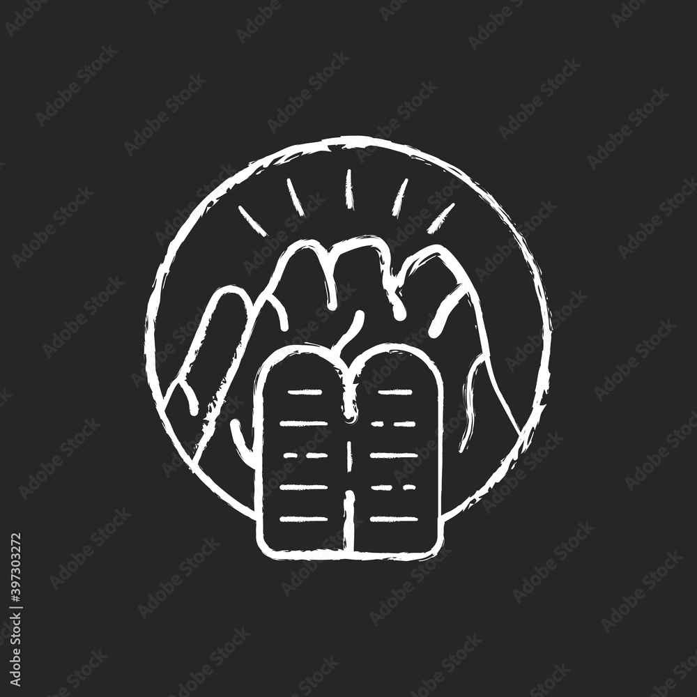 Stone Tablets chalk white icon on black background. Receiving Ten Commandments at Mount Sinai. Testimony Tablets. Hebrew Bible. Divine revelation. Isolated vector chalkboard illustration Stone Tablets chalk white icon on black background. Receiving Ten Commandments at Mount Sinai. Testimony Tablets. Hebrew Bible. Divine revelation. Isolated vector chalkboard illustration