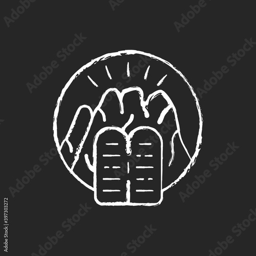 Stone Tablets chalk white icon on black background. Receiving Ten Commandments at Mount Sinai. Testimony Tablets. Hebrew Bible. Divine revelation. Isolated vector chalkboard illustration