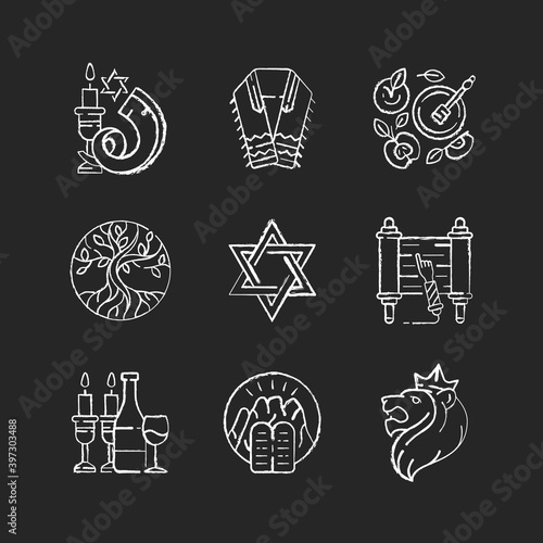 Judaism symbols chalk white icons set on black background. Shofar, shophar. Jewish prayer shawl. Apples and honey pot. Life tree. David star. Torah scroll. Isolated vector chalkboard illustrations