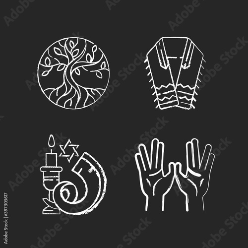 Judaism signs chalk white icons set on black background. Life tree. Tallit and tzitzit. Shofar. Priestly blessing hands. Earth and heaven connection. Isolated vector chalkboard illustrations