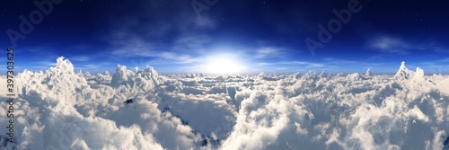 Beautiful clouds from above, the sun above the clouds, a panorama of the clouds, flying over the clouds, banner, 3D rendering