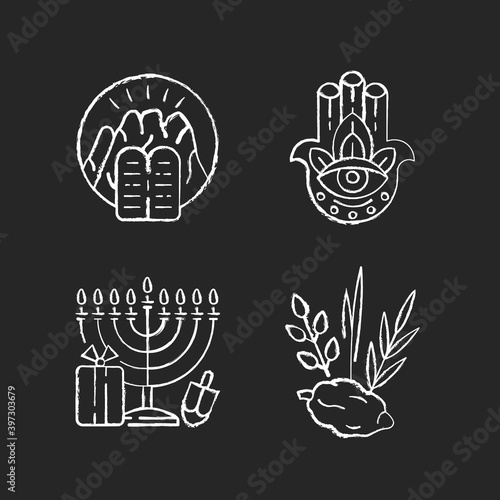 Judaism beliefs chalk white icons set on black background. Stone Tablets. Hamsa Hand. Nine-branched menorah. Four species. Ten Commandments at Mount Sinai. Isolated vector chalkboard illustrations