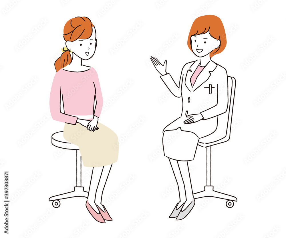 手書き線画カラーイラスト　診察　診療　女性患者　笑顔　女医