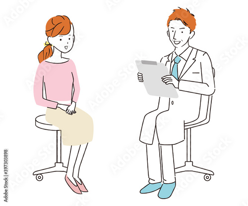手書き線画カラーイラスト　診察　診療　女性患者　笑顔