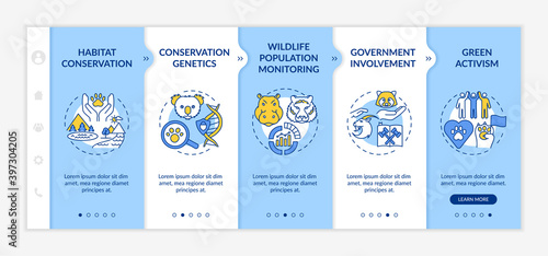 Habitat conservation onboarding vector template. Wildlife population monitoring. Government involvement. Responsive mobile website with icons. Webpage walkthrough step screens. RGB color concept