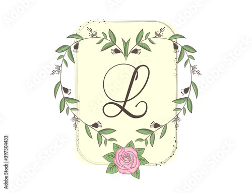 Elegant capital letter L with floral frame, leaves and rose. Calligraphic floral alphabet. Hand drawn composition of flowers. Botanical template design elements for invitation, wedding, greeting cards