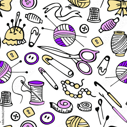 Beautiful seamless pattern with tools for needlework. Vector illustration.