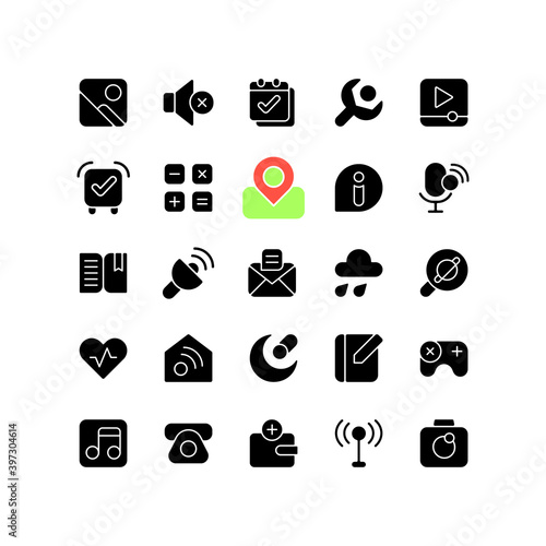 Interface black glyph icons set on white space. Smartphones and tablets application. Settings menu. Camera, photo gallery. Videoplayer, music, games. Silhouette symbols. Vector isolated illustration