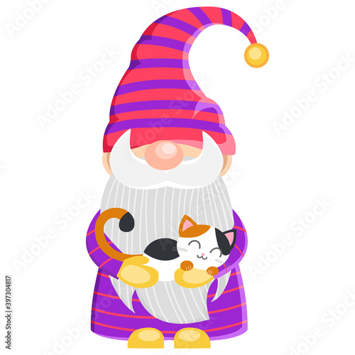Funny Christmas gnome with cat in his hands. Cartoon dwarf and kitty. Winter holiday illustration in scandinavian style. Vector.