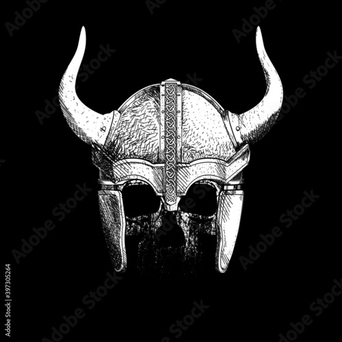 Vector illustration for human skull t-shirt with viking helmet on black background	
