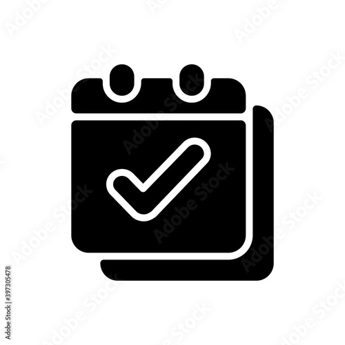 Calendar app black glyph icon. Managing personal schedules and time. Future planned events reminder. Dates organization. Silhouette symbol on white space. Vector isolated illustration