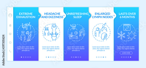 Systemic exertion intolerance disease symptoms onboarding vector template. Exhaustion, enlarged lymph nodes. Responsive mobile website with icons. Webpage walkthrough step screens. RGB color concept