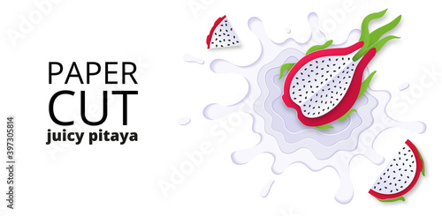 Vector dragon fruit, pitaya or pitahaya juice splashes and drops in a paper cut style. Dragon fruit slices and paper slices. Stock vector illustration. Isolated on white background vector illustration