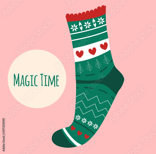 Knitted sock for gift or present.Christmas or New Year card.Winter holidays celebration.Green gaiter with scandinavian pattern.Garmet industry.Warm clothes.Magic time.Seasonal sale.Vector template