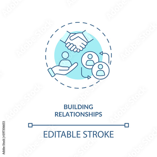Building relationships turquoise concept icon. Handshake for work deal. Job cooperation. Business networking idea thin line illustration. Vector isolated outline RGB color drawing. Editable stroke