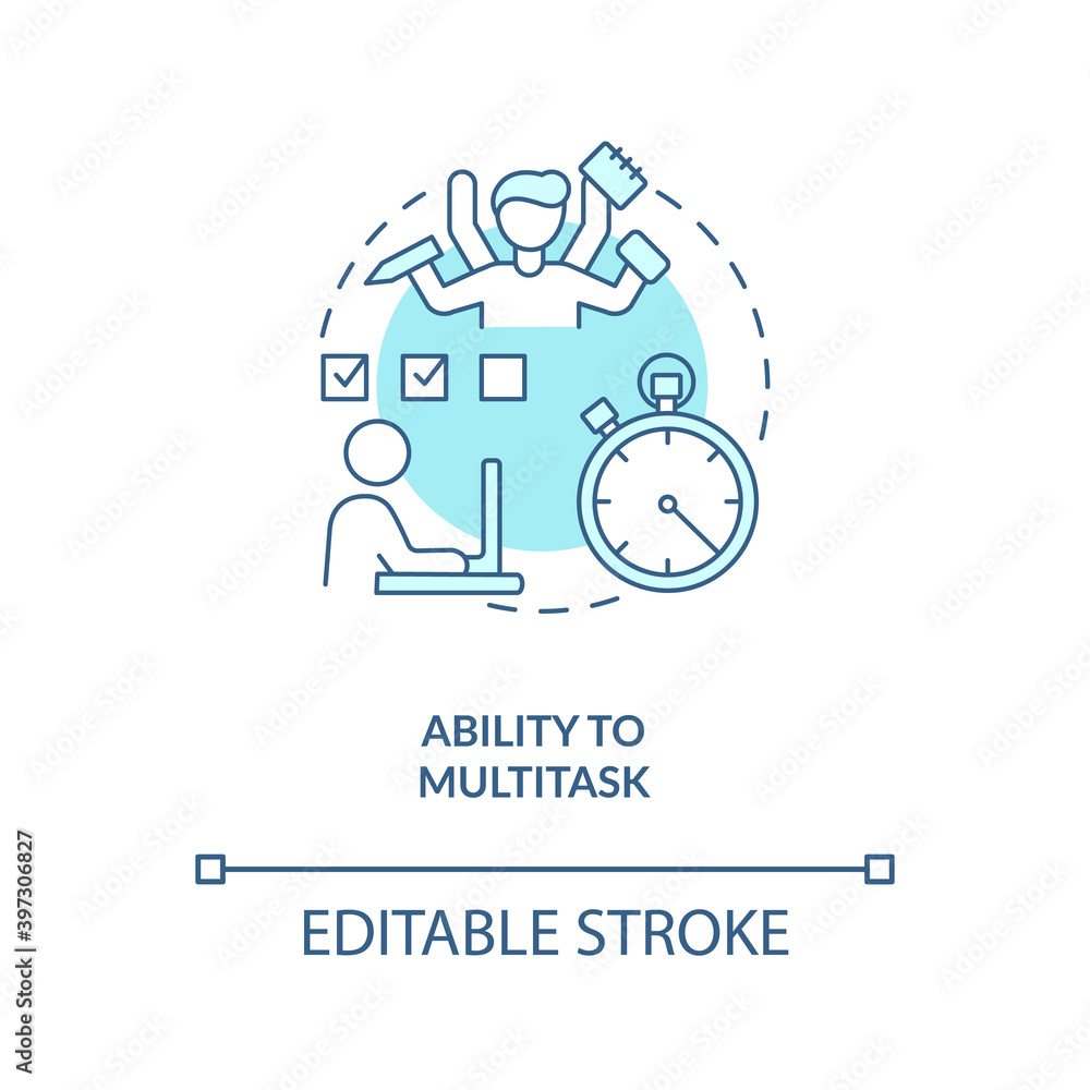 Ability to multitask turquoise concept icon. Office manager. Worker productivity. Virtual assistant skill idea thin line illustration. Vector isolated outline RGB color drawing. Editable stroke