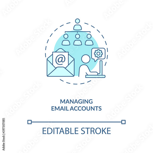 Managing email accounts turquoise concept icon. Secretary job. Manager for mail. Virtual assistant work idea thin line illustration. Vector isolated outline RGB color drawing. Editable stroke