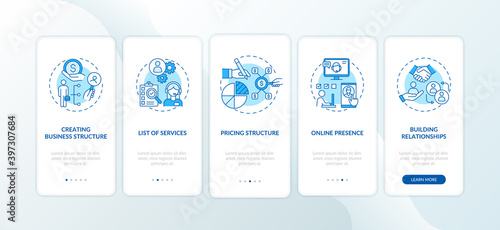 Business management blue onboarding mobile app page screen with concepts. Online marketing. Develop startup walkthrough 5 steps graphic instructions. UI vector template with RGB color illustrations