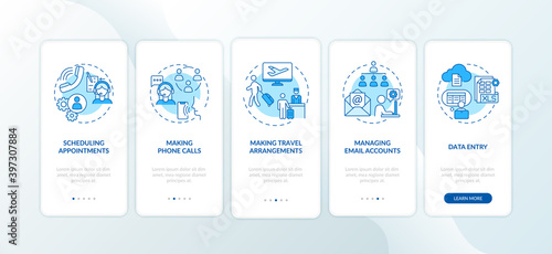 Manager clerical task blue onboarding mobile app page screen with concepts. Secretary office work walkthrough 5 steps graphic instructions. UI vector template with RGB color illustrations