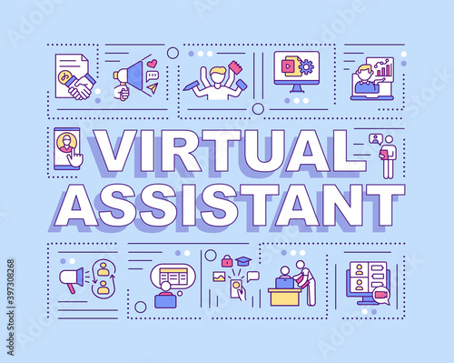 Virtual assistant word concepts banner. Independent contractor. Administrative services. Infographics with linear icons on blue background. Isolated typography. Vector outline RGB color illustration