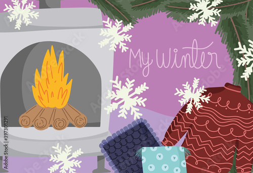 winter with sweater chimney cushion and snowflakes card