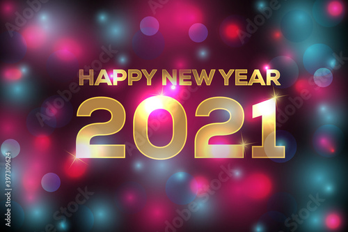 Happy new year 2021 and bokeh background design with neon light