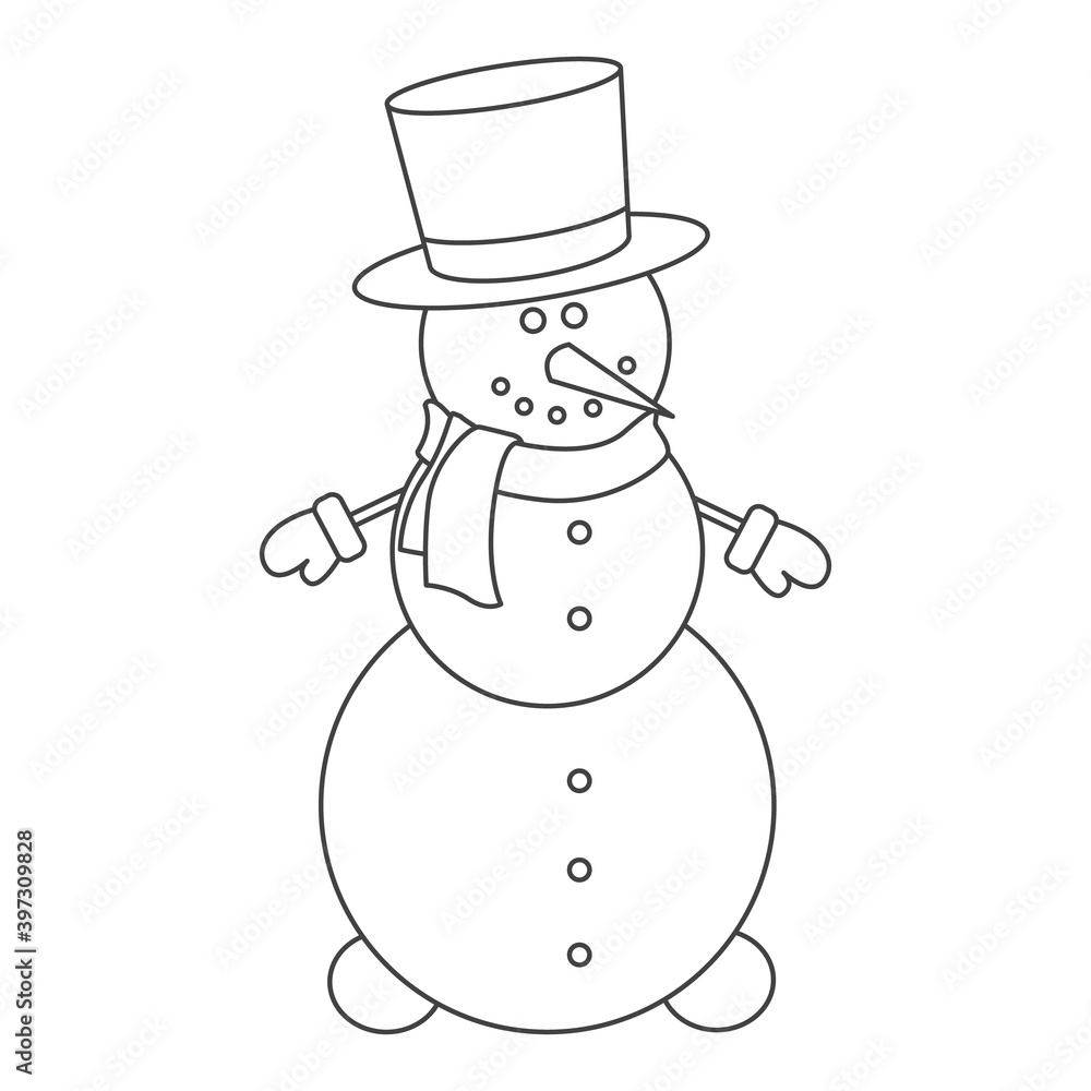 Black and white coloring page outline of a Snowman. Coloring book snowman. Snowman illustration on white background. Snowman with hands . Black and white coloring page outline of a Snowman. Coloring book snowman. Snowman illustration on white background. Snowman with hands .
