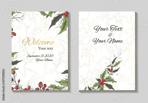 hand-drawn greeting card, an invitation made of flowers isolated on a white background. realistic Botanical bouquets,  of  flowers ( Holly). for postcards, invitations, holidays. vintage style